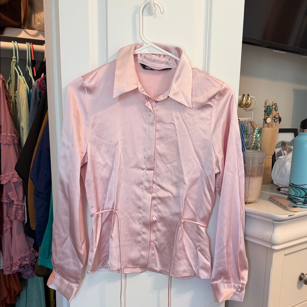Zara Light Pink Satin Button-Down Blouse